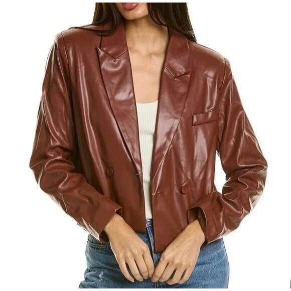 NWT Area Stars Brown Faux‎ Leather Double-Breasted Cropped Blazer Jacket - Picture 1 of 12